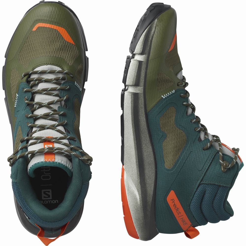 Men's Salomon Predict Hike Mid Gore-tex Hiking Boots Deep Green/Olive/Red Orange | NZ-3708256