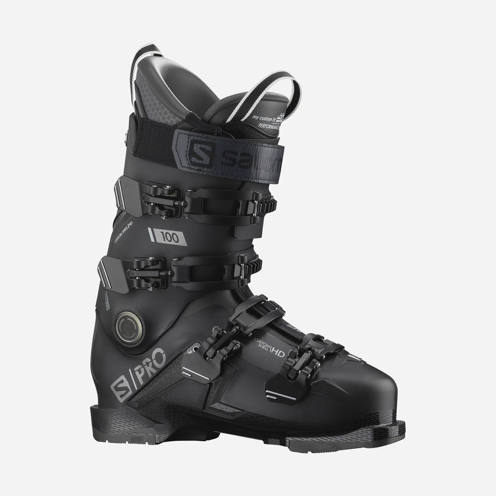 Men\'s Salomon S/Pro 100 Ski Boots Black/ Dark Silver Metal | NZ-3568479