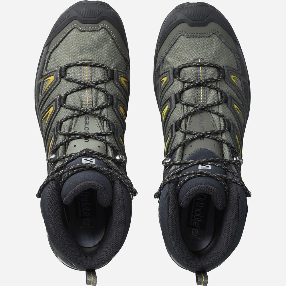 Men's Salomon X Ultra 3 Wide Mid Gore-tex Hiking Boots Grey/Black/Green | NZ-3017258