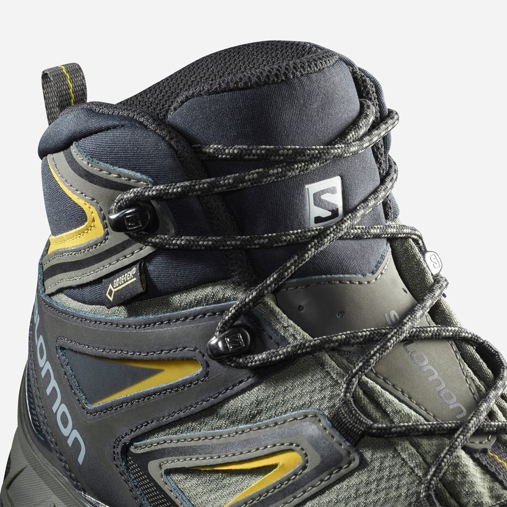 Men's Salomon X Ultra 3 Wide Mid Gore-tex Hiking Boots Grey/Black/Green | NZ-3017258