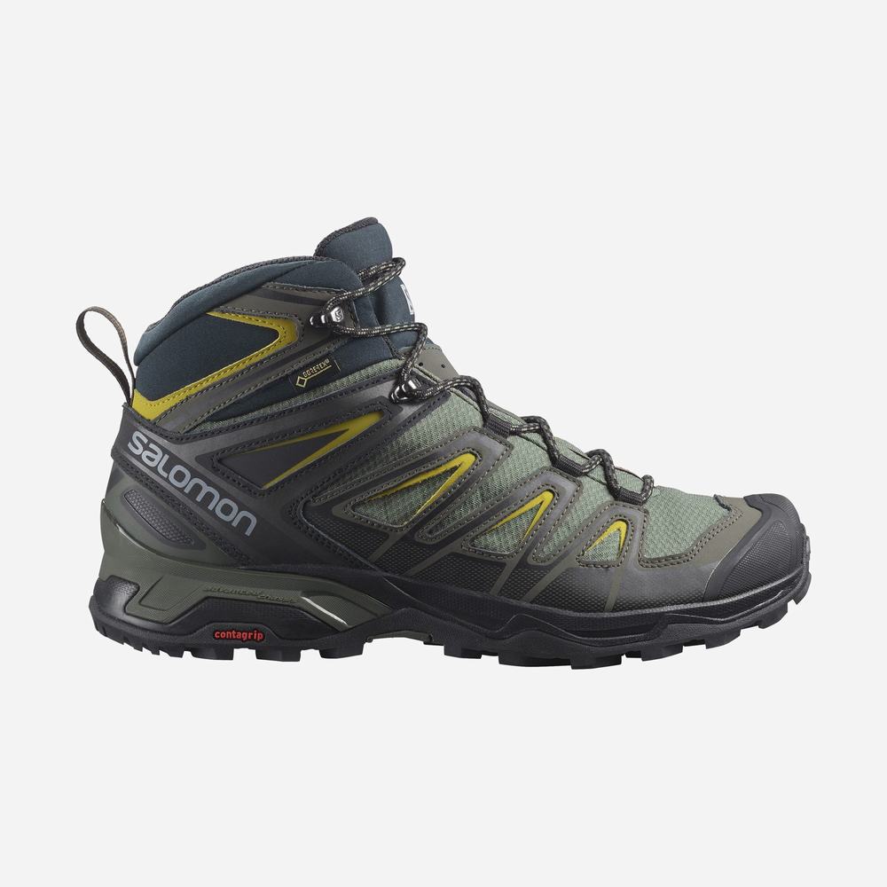 Men\'s Salomon X Ultra 3 Wide Mid Gore-tex Hiking Boots Grey/Black/Green | NZ-3017258