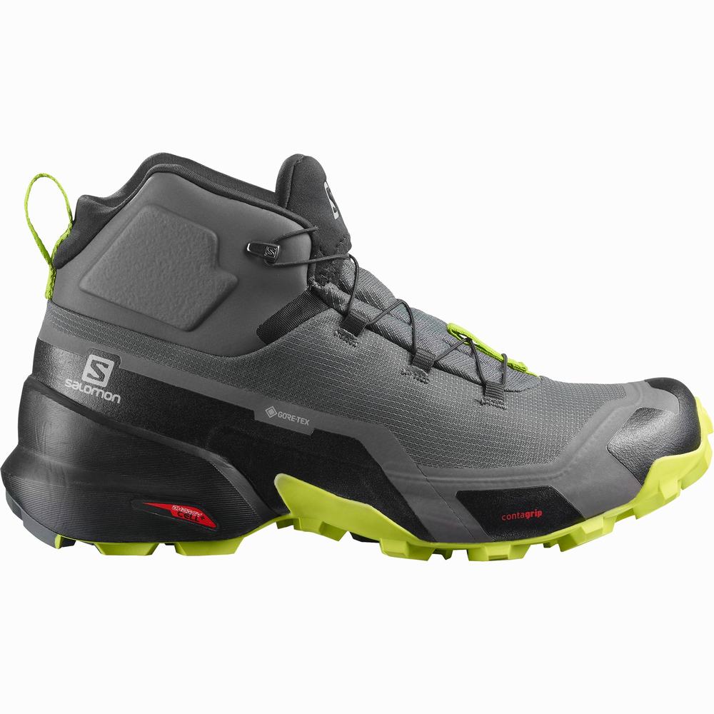 Men's Salomon Cross Hike Mid Gore-tex Hiking Boots Grey/Black/Light Green | NZ-5032946