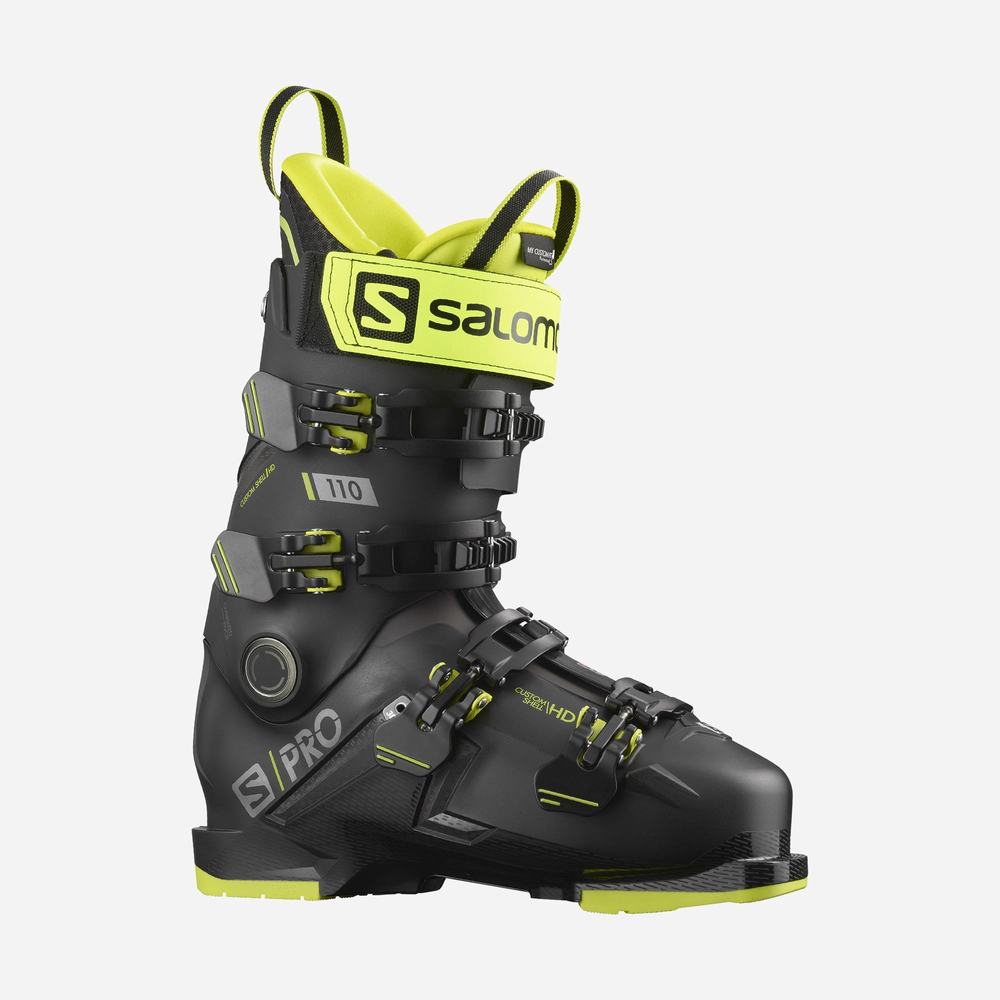 Men's Salomon S/Pro 110 Ski Boots Black/Green/Dark Silver Metal | NZ-7531892